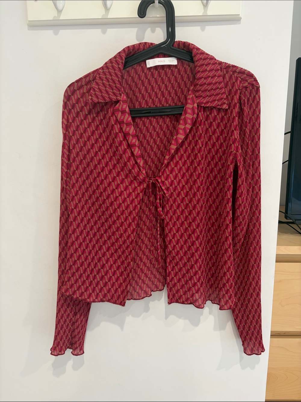 Mango Burgundy Geometric Tie-Front Blouse